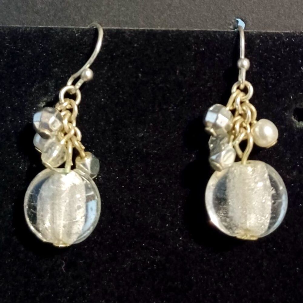 Gold-Toned Dangle Earrings w/ Clear, Silver, & Pearl Beads
